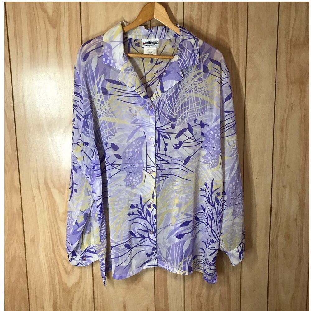 Vtg National CottageCore Lavender Floral Sheer Collared Relaxed Blouse Plus 22W
